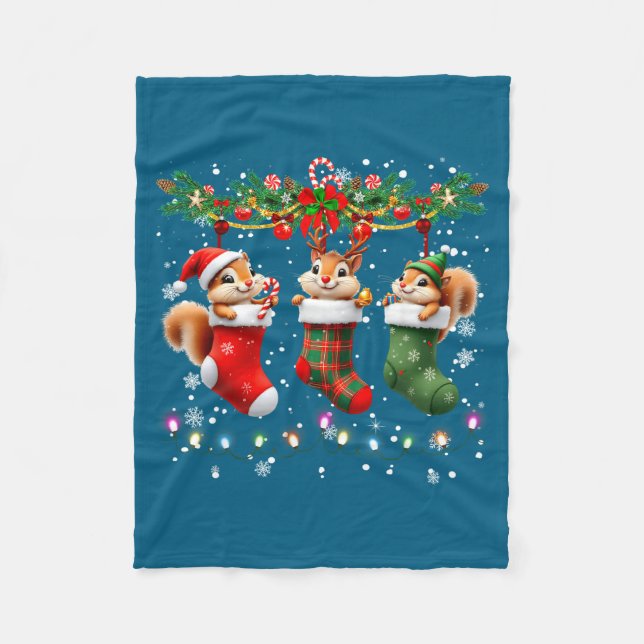 Squirrel In Christmas Socks Lights Squirrel Xmas  Fleece Blanket (Front)
