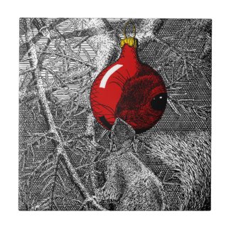 Squirrel in Christmas Tree Decorative Ceramic Tile