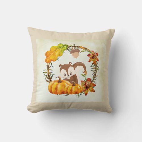 Squirrel in Floral Wreath Fall Rustic Throw Pillow
