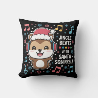 Squirrel in Headphones and Santa Hat - Jingle Beat Throw Pillow