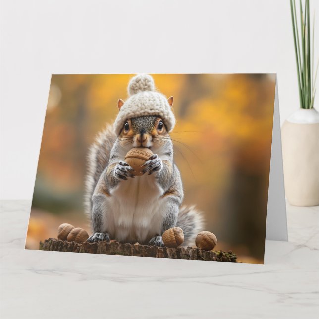 Squirrel in Knit Hat Holding Nut Card (Front)