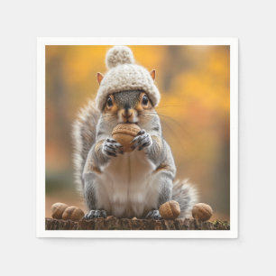 Squirrel in Knit Hat Holding Nut Napkins