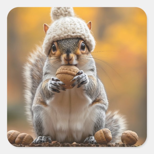 Squirrel in Knit Hat Holding Nut Square Sticker (Front)