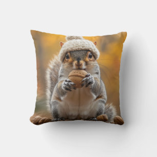 Squirrel in Knit Hat Holding Nut Throw Pillow
