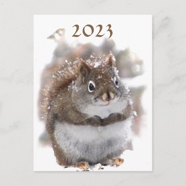 Squirrel in Snow 2023 Calendar on Back Postcard