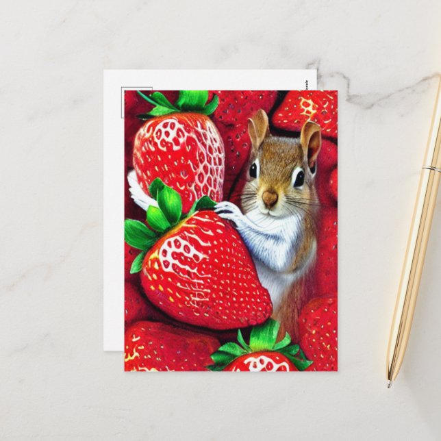 Squirrel In Strawberry Heaven  Holiday Postcard (Front/Back In Situ)