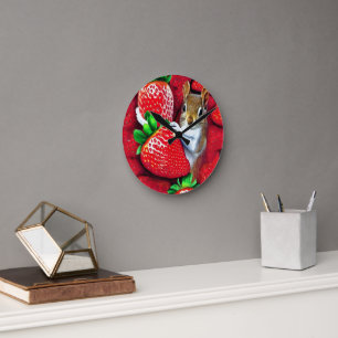 Squirrel In Strawberry Heaven Round Clock