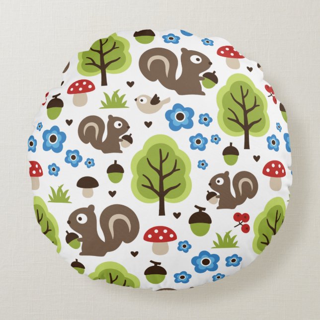 Squirrel in The Oak Forest Pattern Round Pillow (Front)
