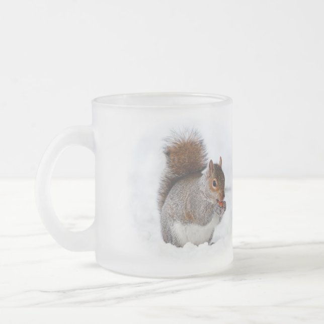 Squirrel in the Snow Frosted Glass Coffee Mug (Left)