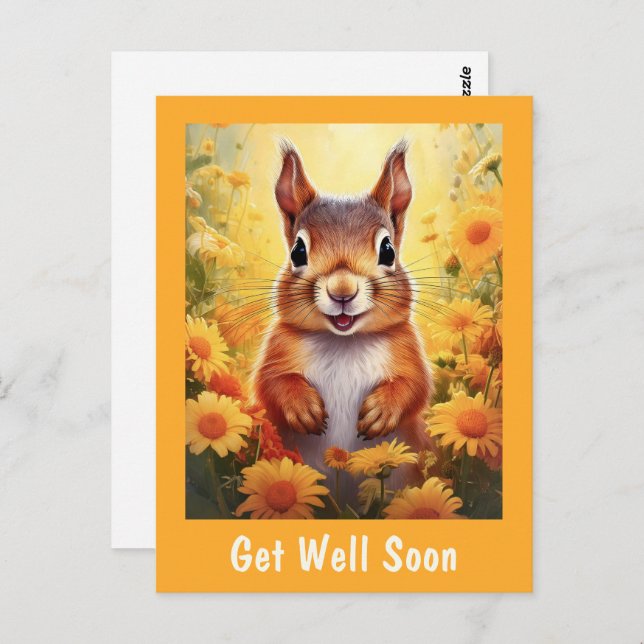 Squirrel in Yellow Flowers Cute Get Well Soon   Postcard (Front/Back)