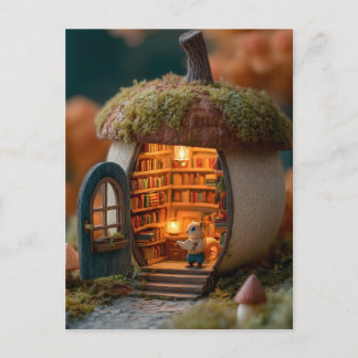 Squirrel Library Inside a Mossy Acorn House Holiday Postcard