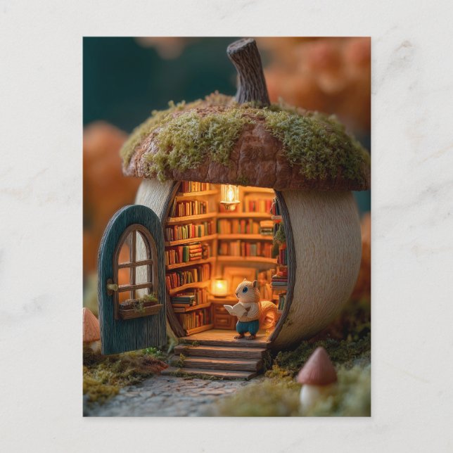 Squirrel Library Inside a Mossy Acorn House Postcard (Front)