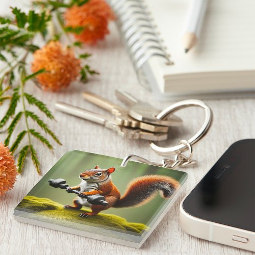 Squirrel Lifting Weights Keychain