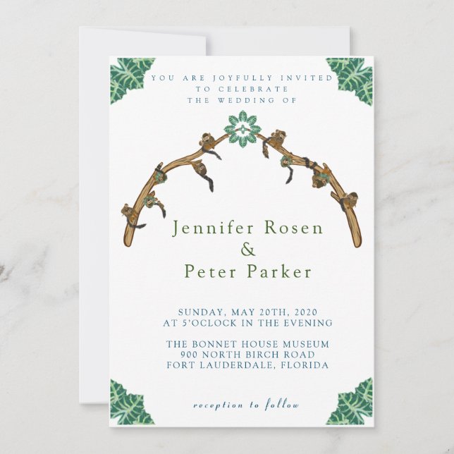 Squirrel Monkeys Branch Arch with Jungle Leaves Invitation (Front)