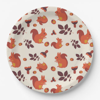 Squirrel, mushroom, leaf, walnut. paper plates