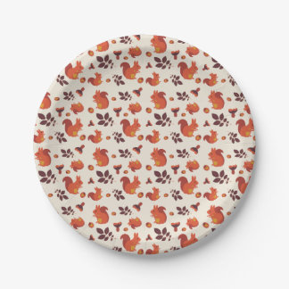 Squirrel, mushroom, leaf, walnut. paper plates