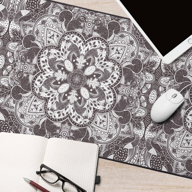 Squirrel Nature Mandala Desk Mat (Squirrel Mandala Hand Drawn Original Desk Mat)