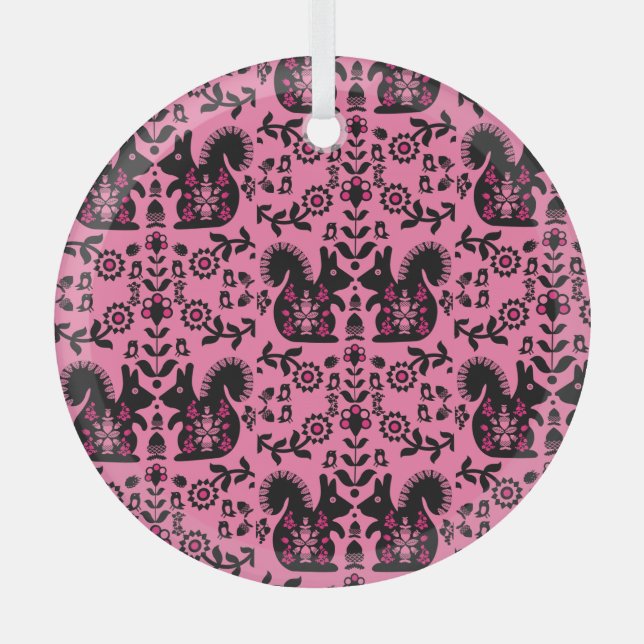 Squirrel Nordic Scandinavian Folk Art     Glass Ornament (Front)