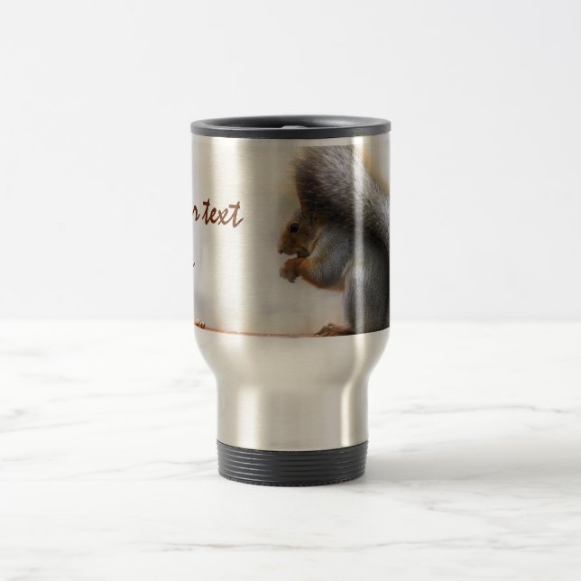 Squirrel on a bench and some nuts travel mug (Center)