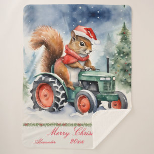 Squirrel on a Tractor Christmas Sherpa Blanket