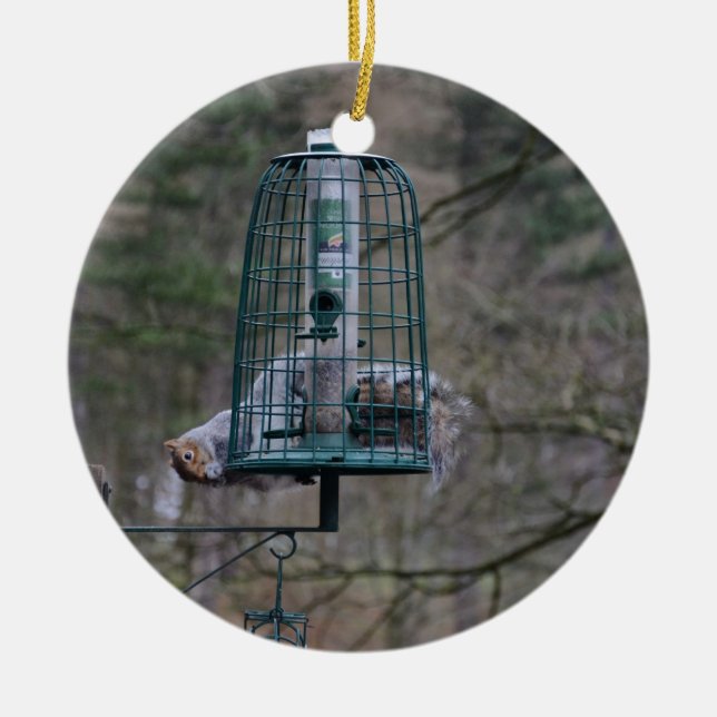 Squirrel on bird feeder ceramic ornament (Front)