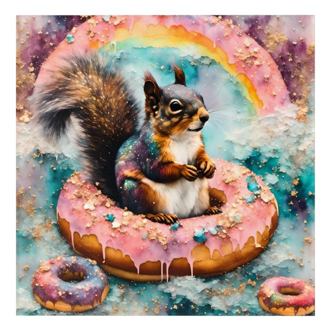 Squirrel on Floating Glazed Donut Funny Sweet Acrylic Print (Front)