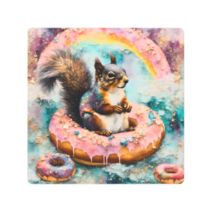 Squirrel on Floating Glazed Donut Funny Sweet Metal Print