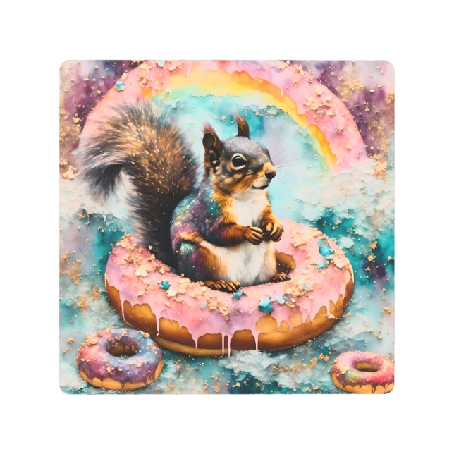 Squirrel on Floating Glazed Donut Funny Sweet Metal Print (Front)