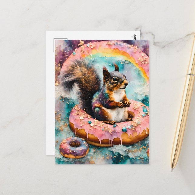 Squirrel on Floating Glazed Donut Funny Sweet Postcard (Front/Back In Situ)