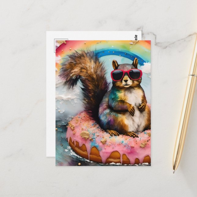 Squirrel on Floating Glazed Donut Funny Sweet Postcard (Front/Back In Situ)