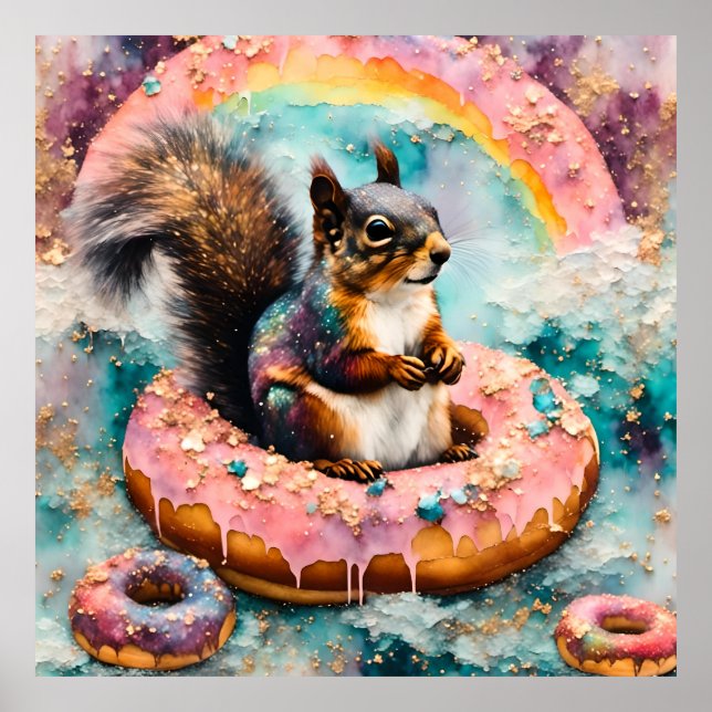 Squirrel on Floating Glazed Donut Funny Sweet Poster (Front)