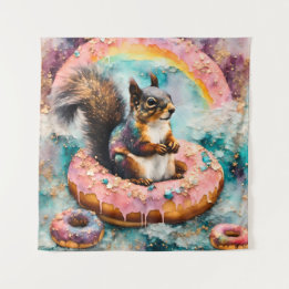 Squirrel on Floating Glazed Donut Funny Sweet Tapestry