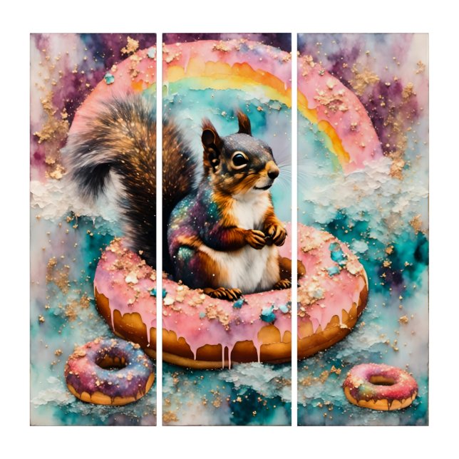 Squirrel on Floating Glazed Donut Funny Sweet Triptych (Front)