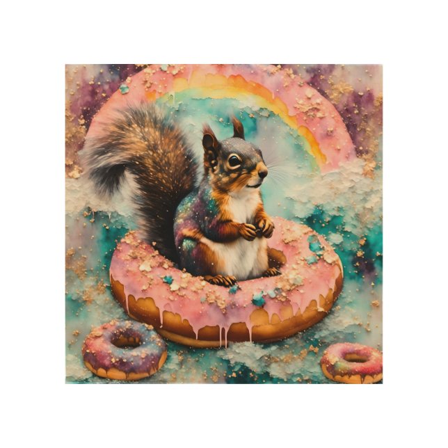 Squirrel on Floating Glazed Donut Funny Sweet Wood Wall Art (Front)