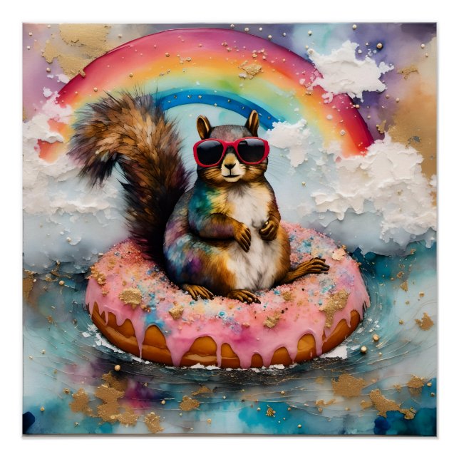 Squirrel on Floating Glazed Donut Funny Vacation Poster (Front)