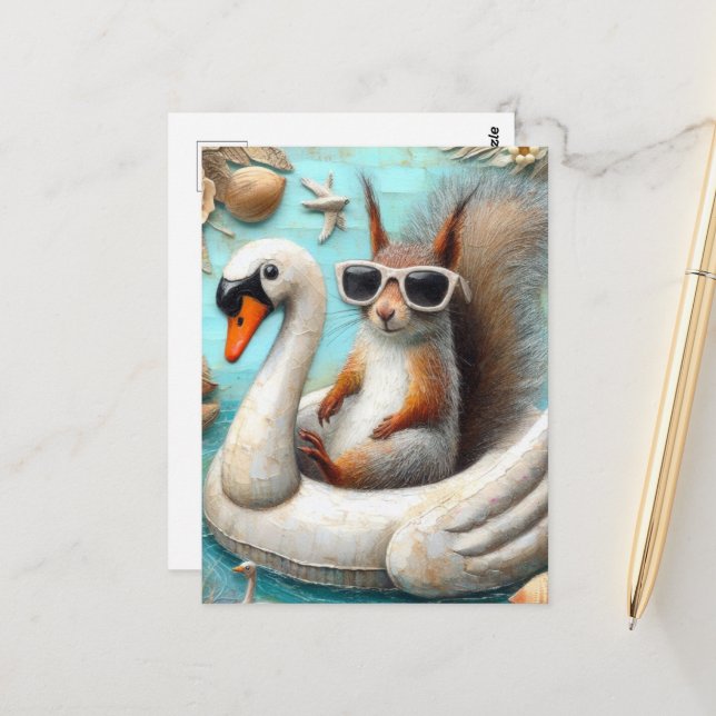 Squirrel on Floating Swan Funny Cute Postcard (Front/Back In Situ)
