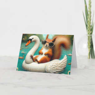 Squirrel on Floating Swan Funny Summer Vacation Card