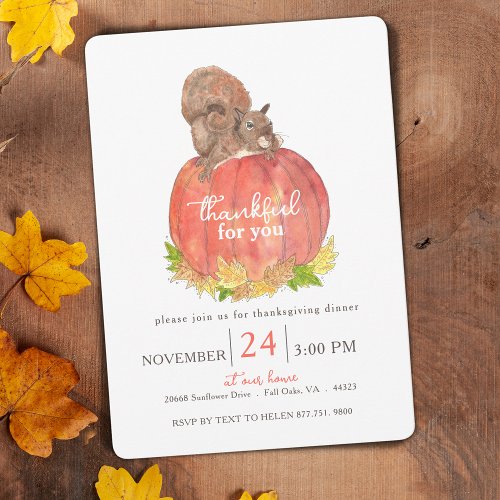 Squirrel on Pumpkin Watercolor Thanksgiving Invitation
