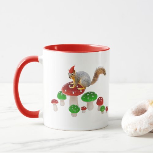 Squirrel on Red and Green Mushrooms Mug