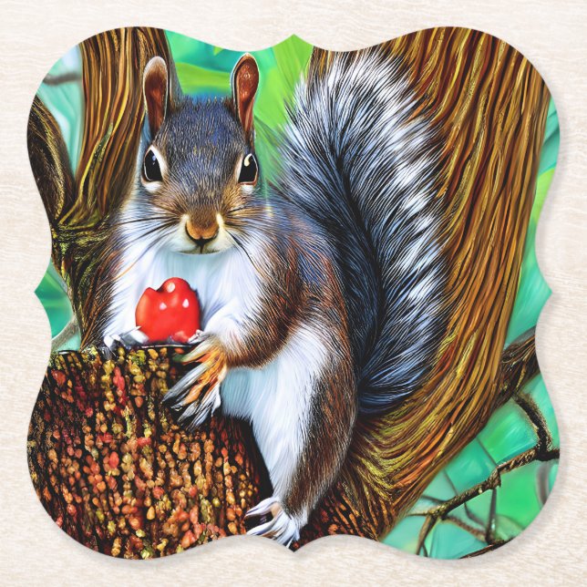 Squirrel on The Tree with Fruit-47566 Paper Coaster (Front)