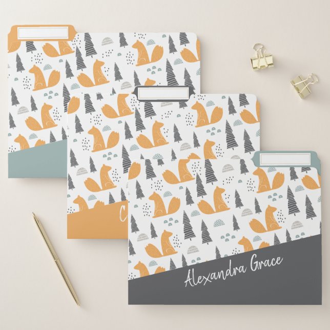 Squirrel Pattern Grey Orange Green Personalized File Folder (Set)