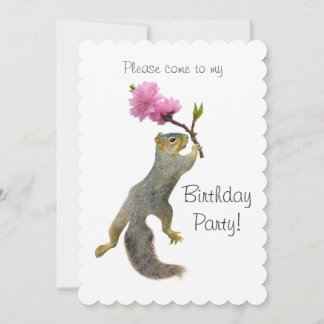 Squirrel Peach Flower Birthday Party Invitation