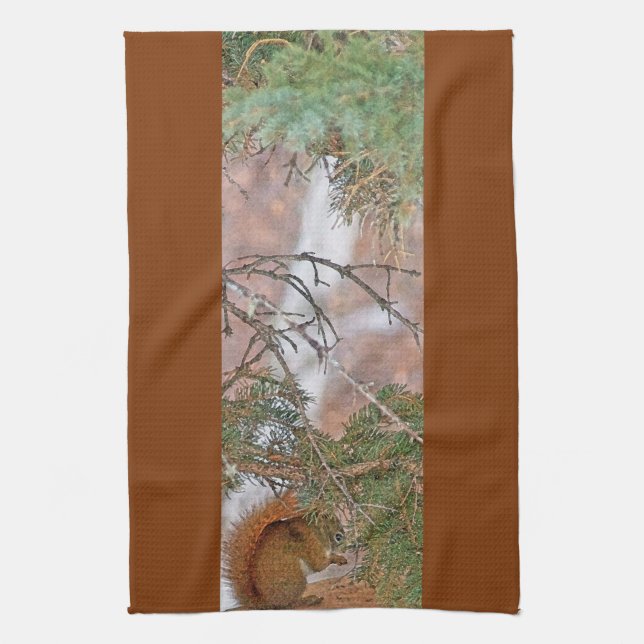 Squirrel, Pine Tree and a Nut Kitchen Towel (Vertical)