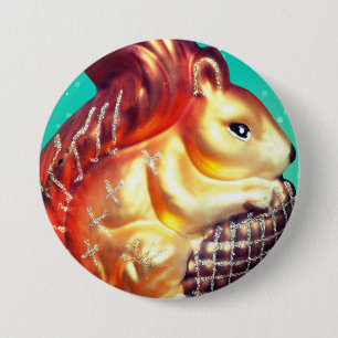 Squirrel pinecone vintage fall winter gold teal button