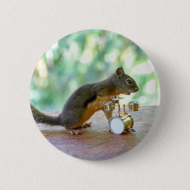 Squirrel Playing Drums Button (Front)