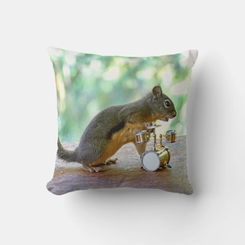 Squirrel Playing Drums Throw Pillow