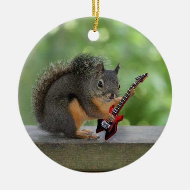 Squirrel Playing Electric Guitar Ceramic Ornament (Front)