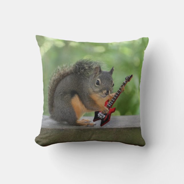 Squirrel Playing Electric Guitar Throw Pillow (Front)