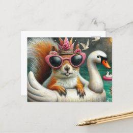 Squirrel Princess on Floating Swan Funny Cute Postcard