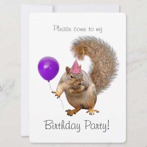 Squirrel Purple Balloon Birthday Party Invitation